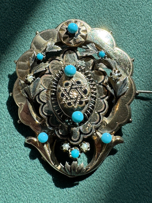 Antique Victorian 14K Gold Star of David Brooch Turquoise Pearl Judaica