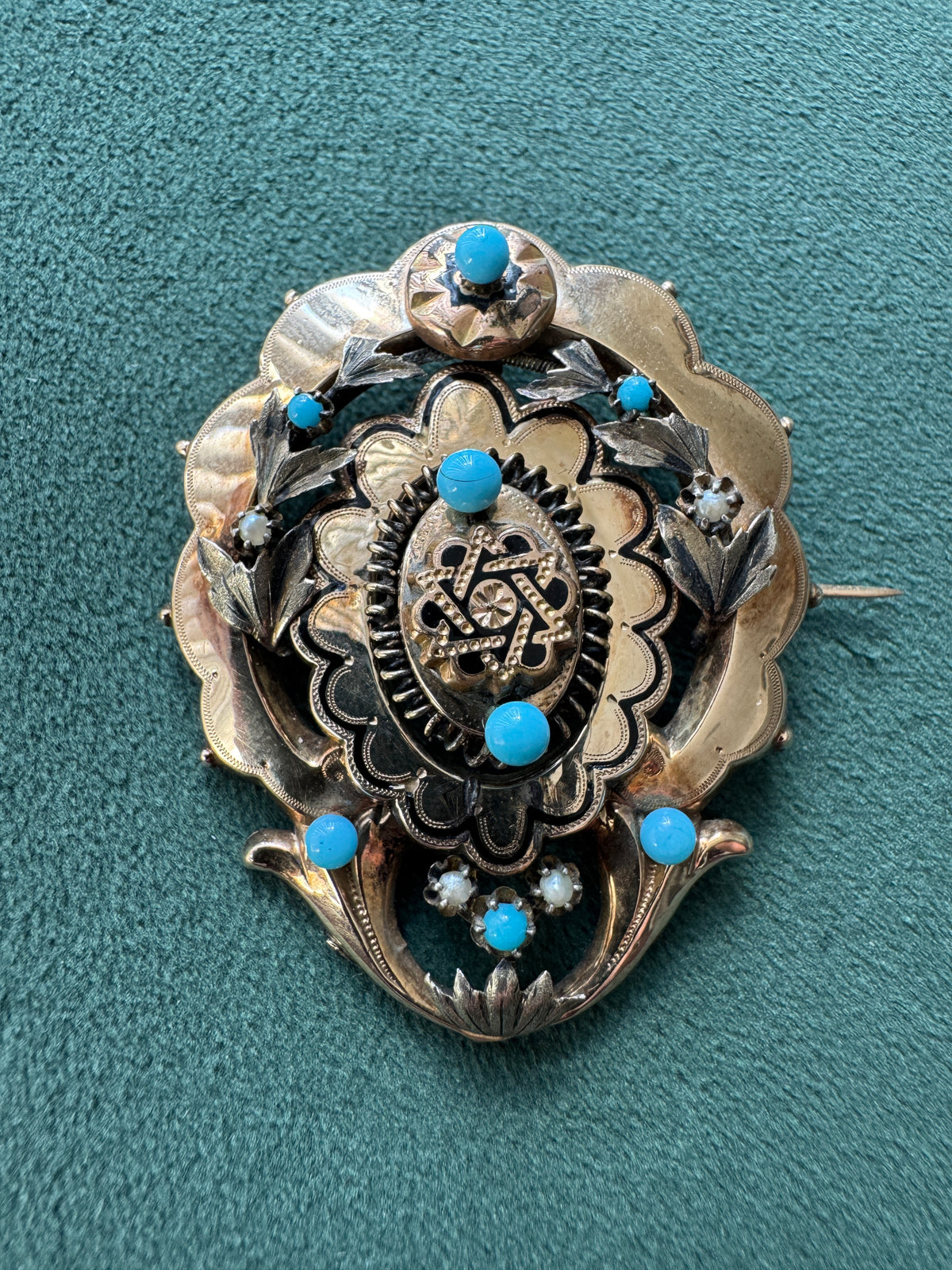 Antique Victorian 14K Gold Star of David Brooch Turquoise Pearl Judaica