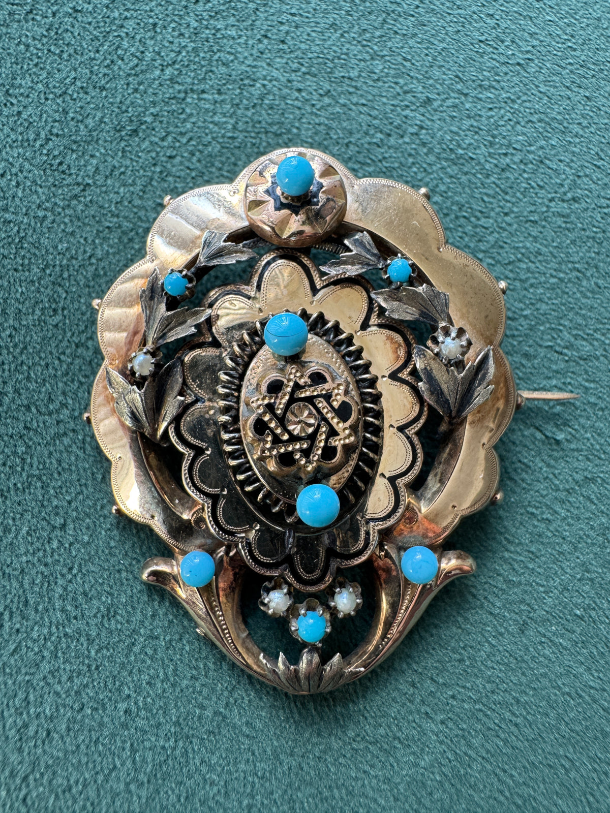 Antique Victorian 14K Gold Star of David Brooch Turquoise Pearl Judaica