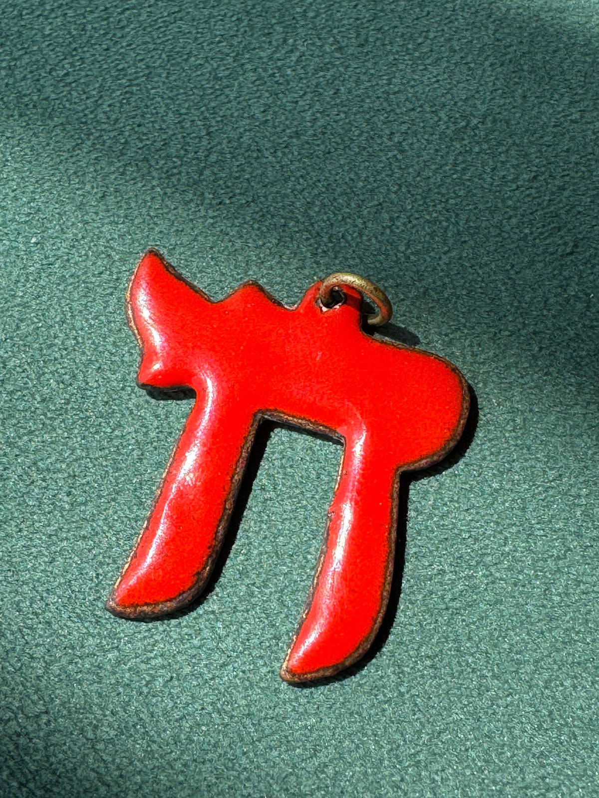 Vintage Mid-Century Red Enamel on Copper Chai Pendant Hebrew Life Symbol Judaica