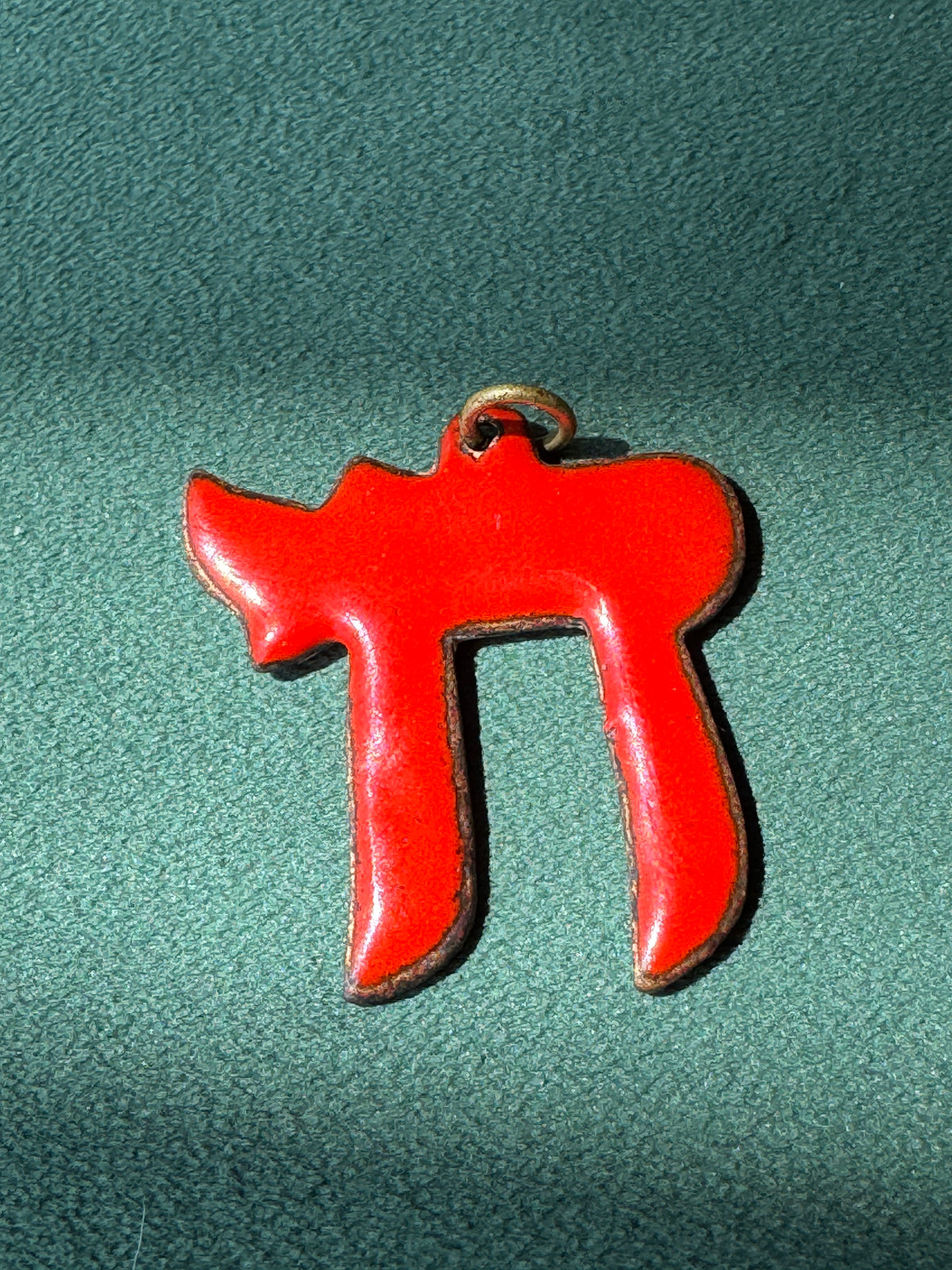 Vintage Mid-Century Red Enamel on Copper Chai Pendant Hebrew Life Symbol Judaica