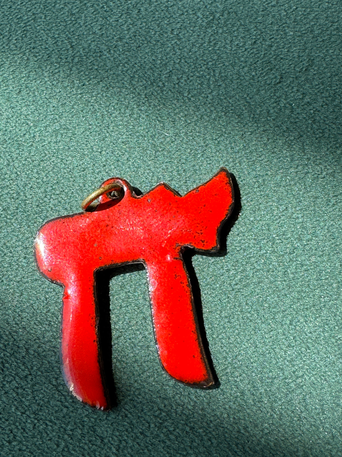Vintage Mid-Century Red Enamel on Copper Chai Pendant Hebrew Life Symbol Judaica