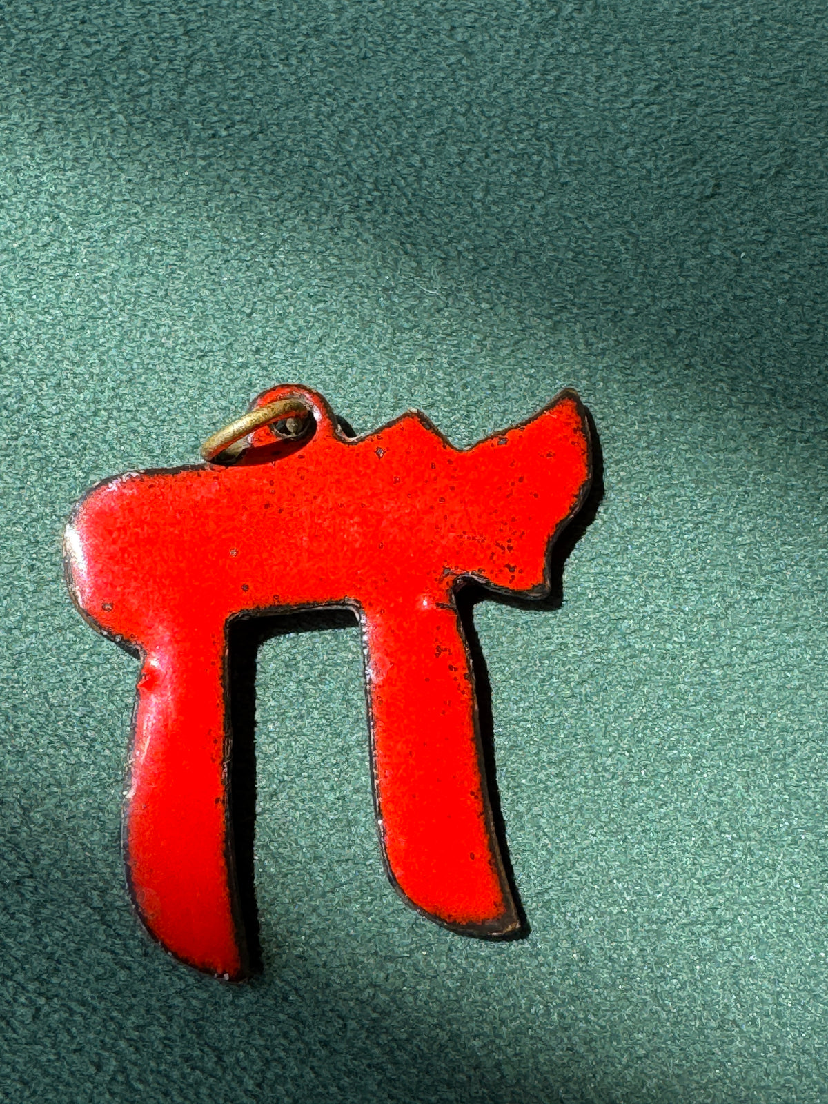 Vintage Mid-Century Red Enamel on Copper Chai Pendant Hebrew Life Symbol Judaica