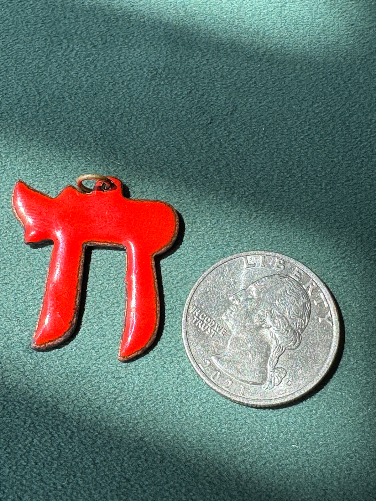 Vintage Mid-Century Red Enamel on Copper Chai Pendant Hebrew Life Symbol Judaica