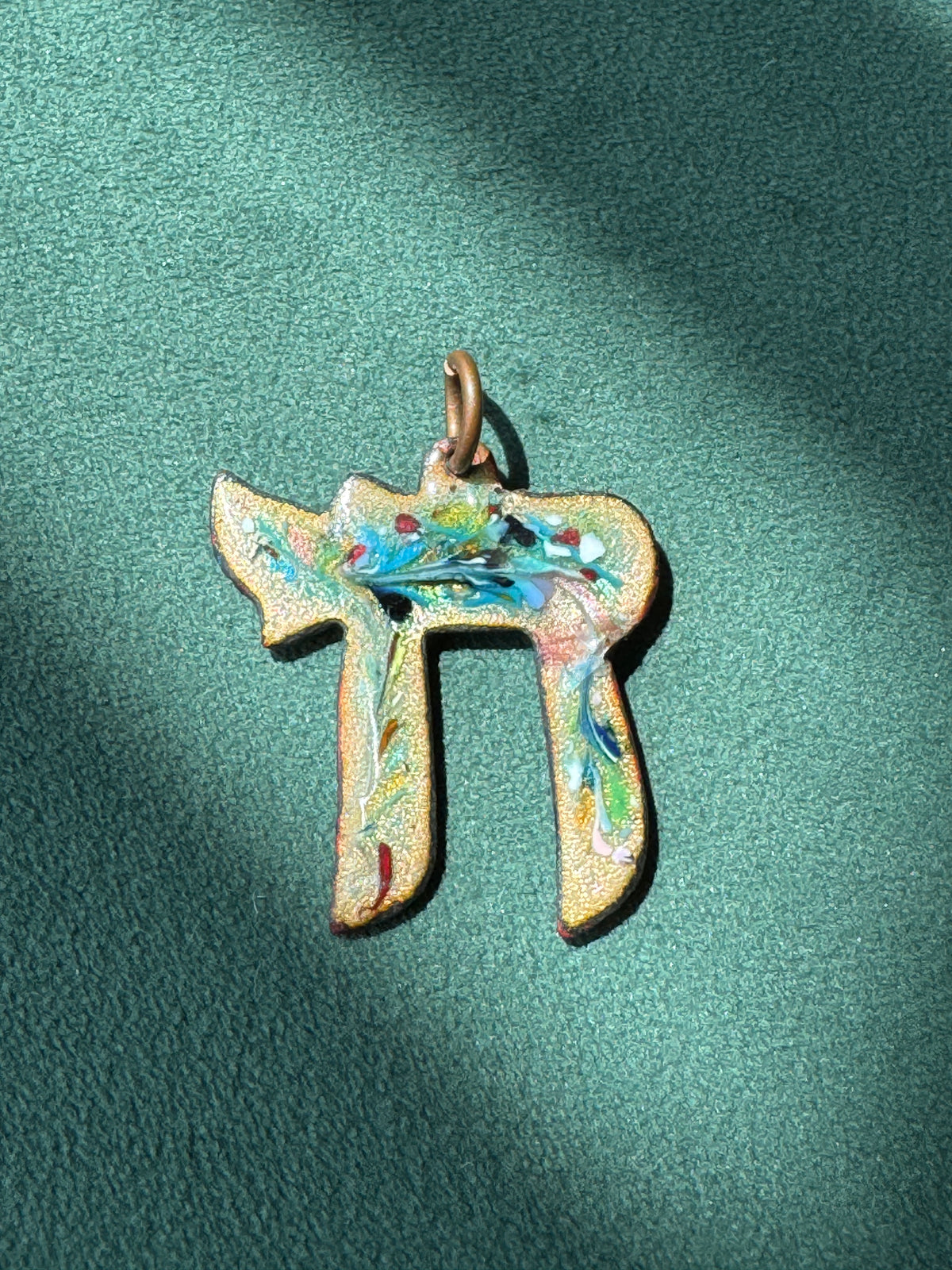 Vintage Mid-Century Reversible Enamel on Copper Chai Pendant Two Sided Blue Swirl and Confetti Judaica