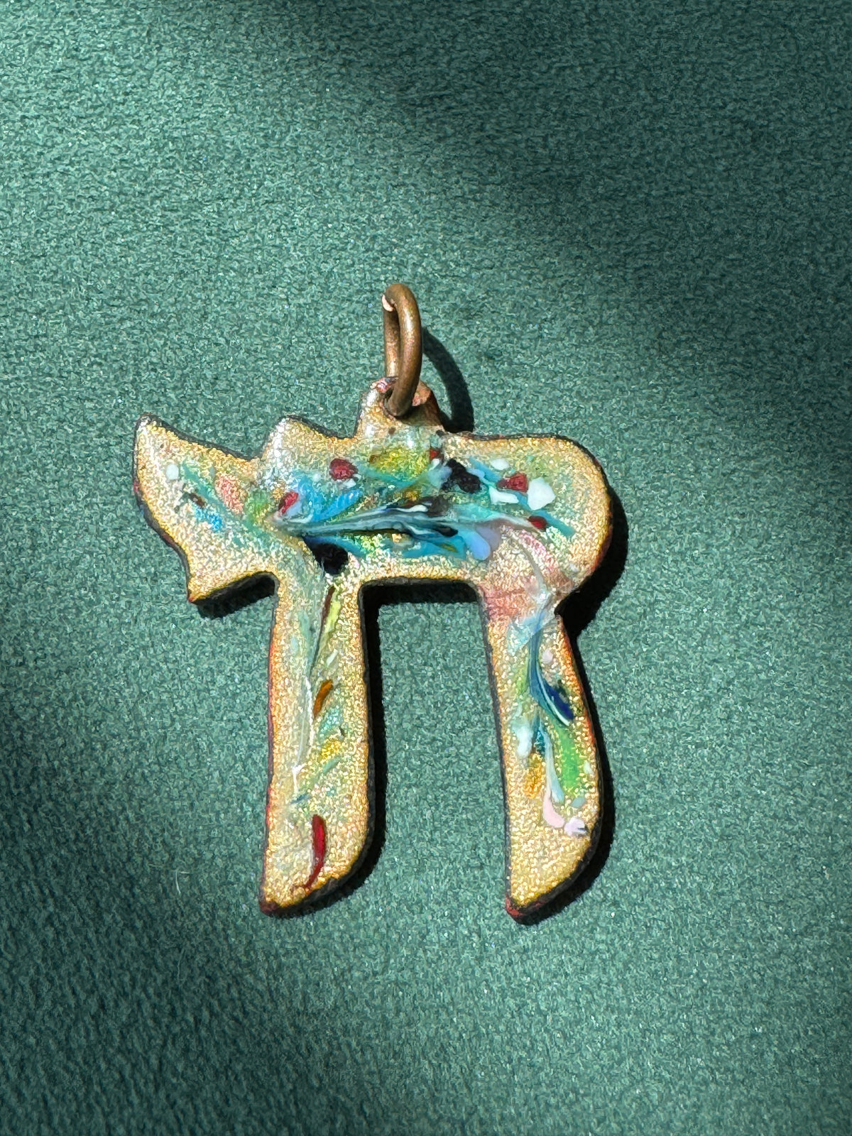 Vintage Mid-Century Reversible Enamel on Copper Chai Pendant Two Sided Blue Swirl and Confetti Judaica