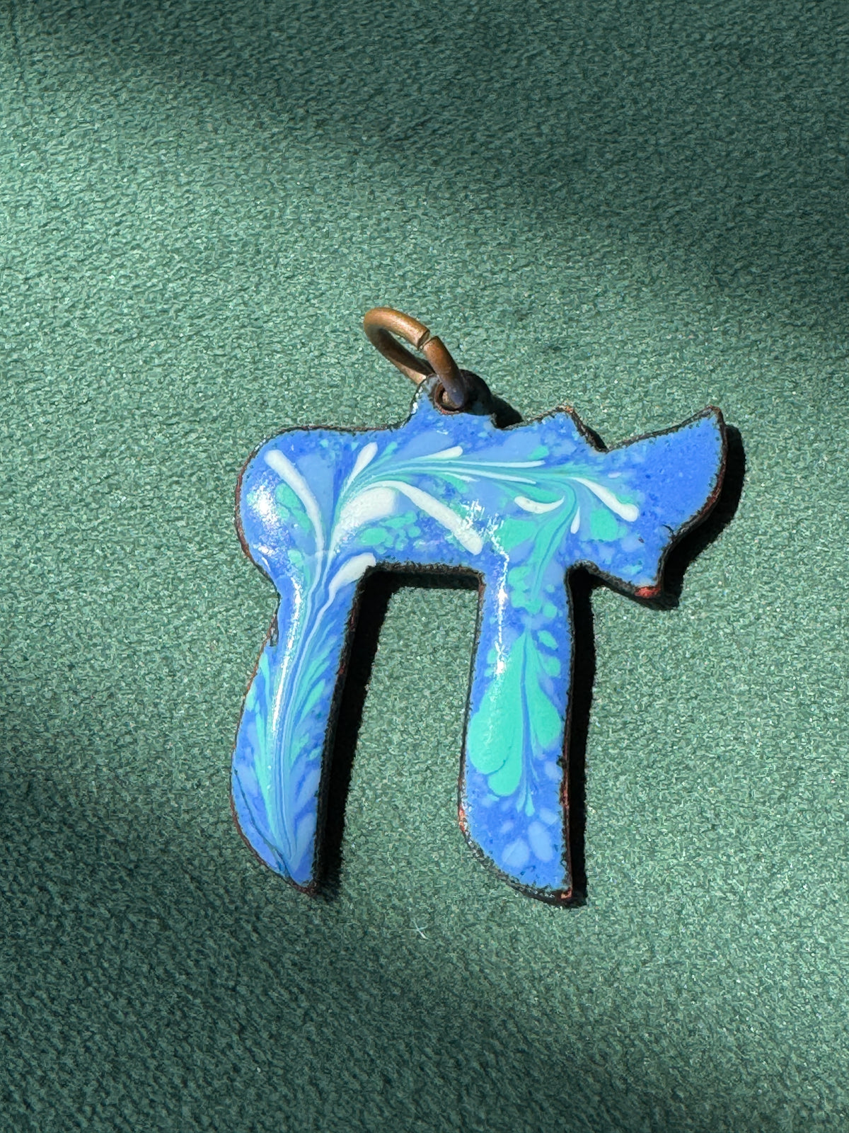 Vintage Mid-Century Reversible Enamel on Copper Chai Pendant Two Sided Blue Swirl and Confetti Judaica
