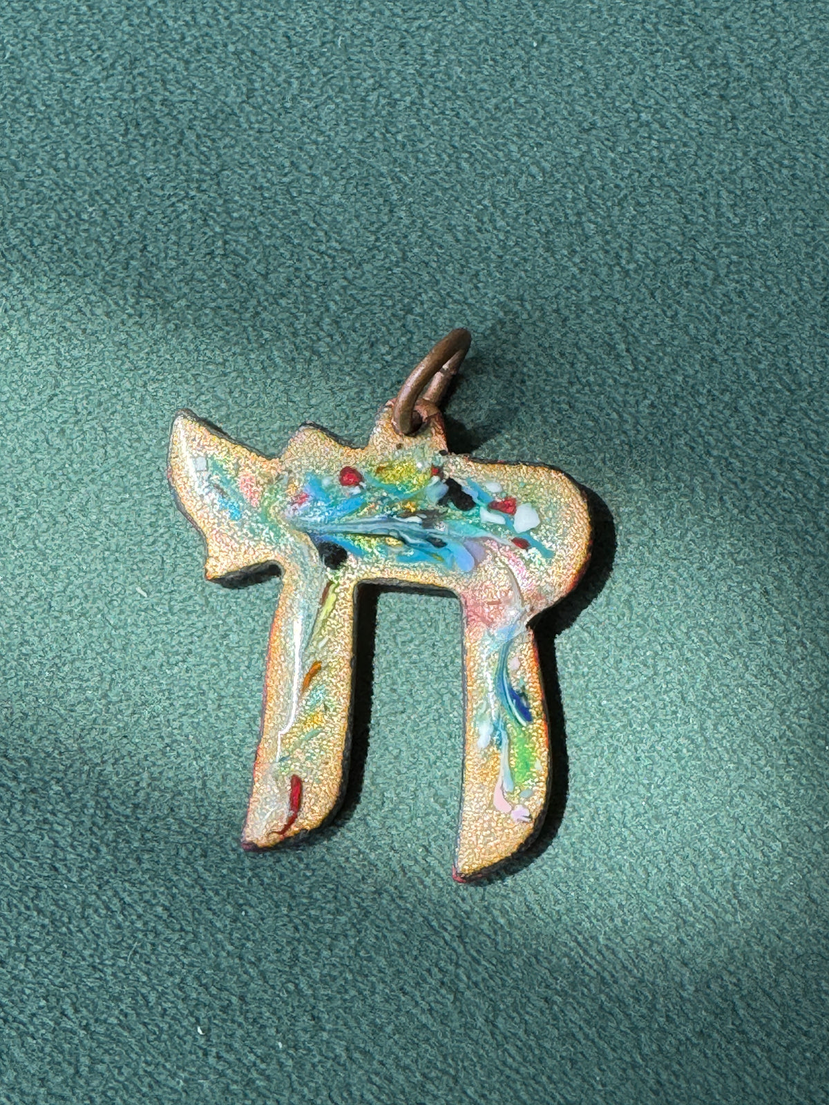Vintage Mid-Century Reversible Enamel on Copper Chai Pendant Two Sided Blue Swirl and Confetti Judaica