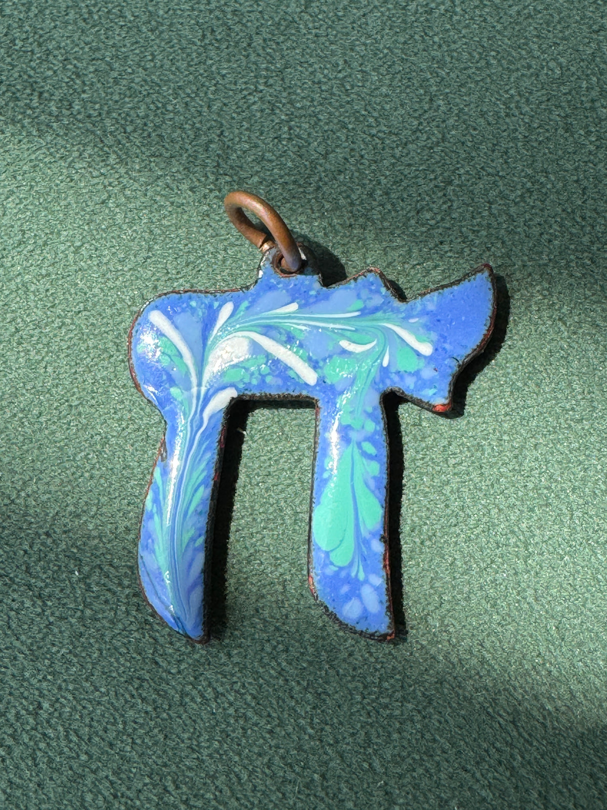 Vintage Mid-Century Reversible Enamel on Copper Chai Pendant Two Sided Blue Swirl and Confetti Judaica