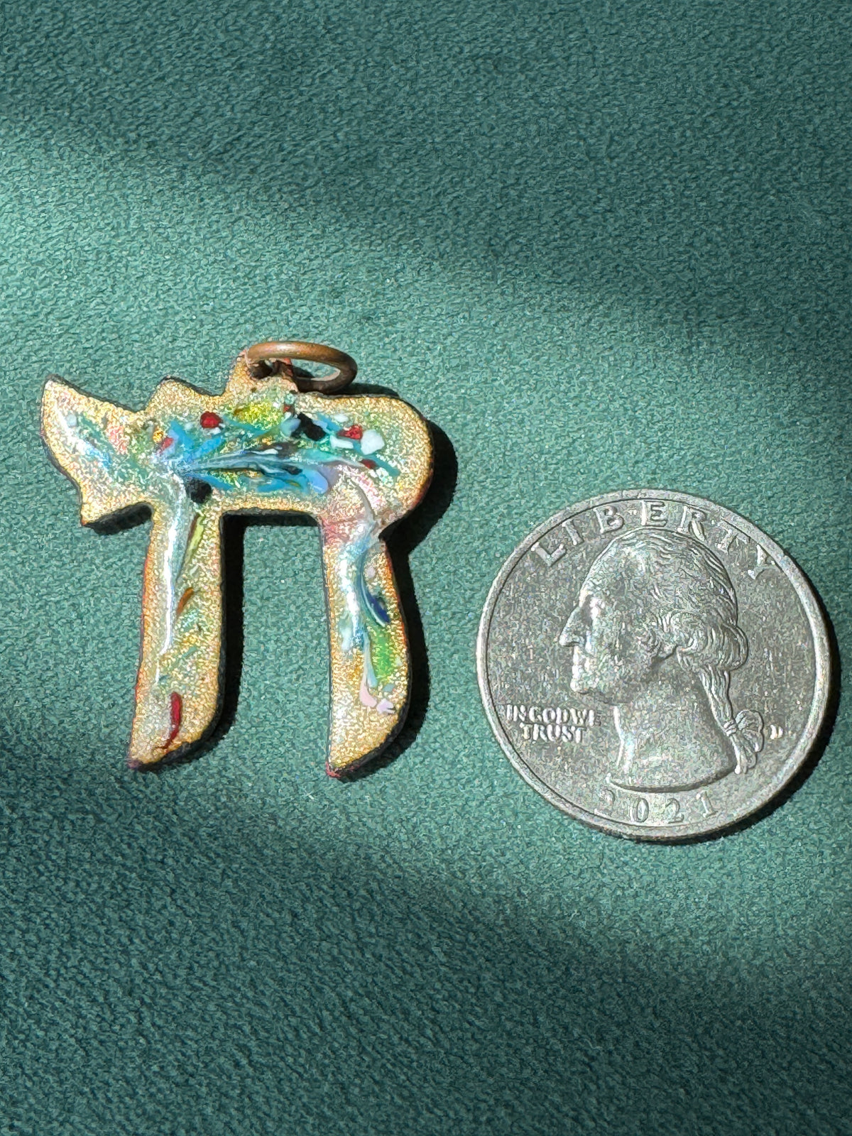 Vintage Mid-Century Reversible Enamel on Copper Chai Pendant Two Sided Blue Swirl and Confetti Judaica