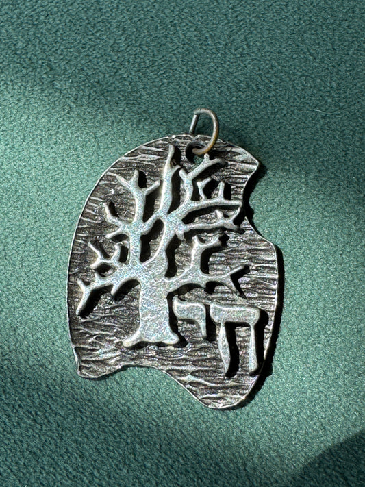 Vintage Pewter Tree of Life Chai Pendant Brutalist Judaica Hebrew Life Symbol