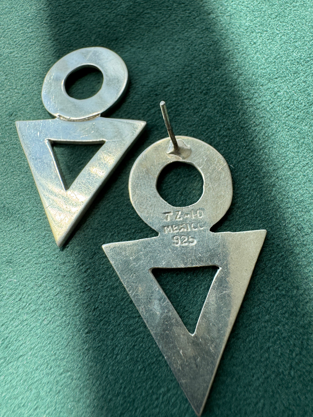 Vintage Taxco Sterling Silver Geometric Earrings TZ-10 1980s Circle Triangle Dangles