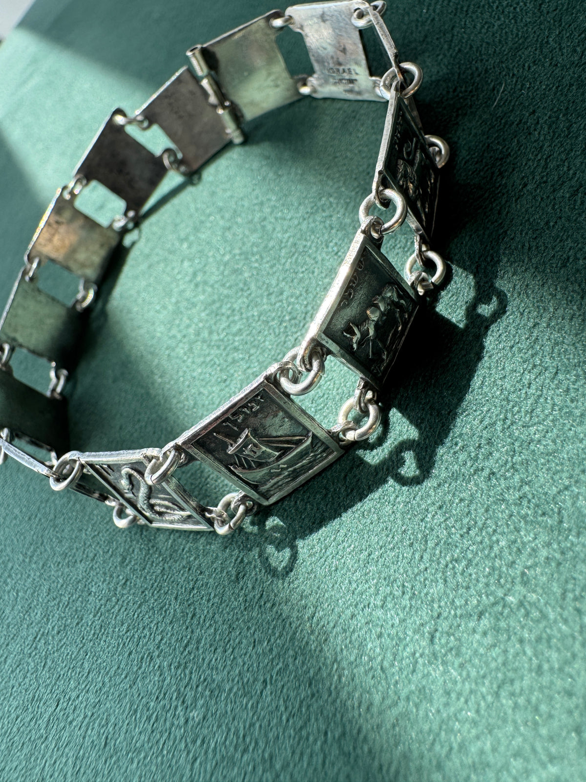 Vintage Israel 900 Silver Twelve Tribes of Israel Panel Bracelet Judaica Hebrew Pictorial Link Bracelet