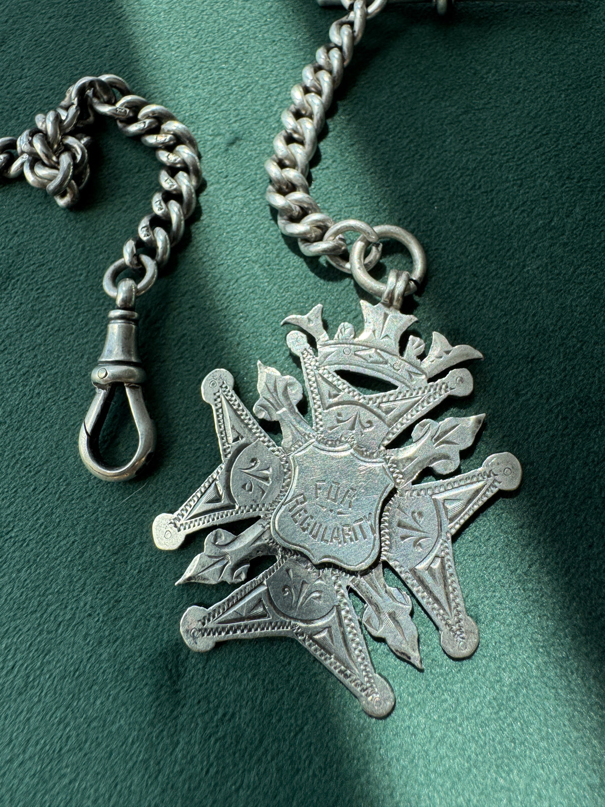 Antique Victorian Sterling Silver Albert Watch Chain Fob Medal 1900 Engraved M Garland St Peters Woolwich Birmingham Hallmarked
