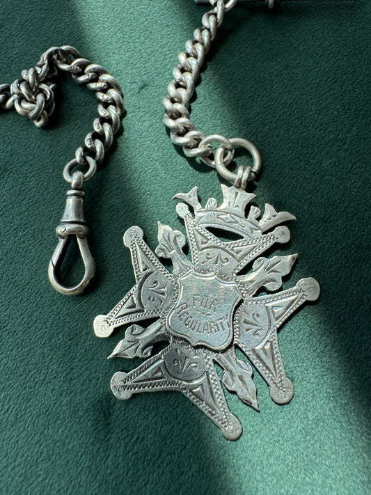 Antique Victorian Sterling Silver Albert Watch Chain Fob Medal 1900 Engraved M Garland St Peters Woolwich Birmingham Hallmarked