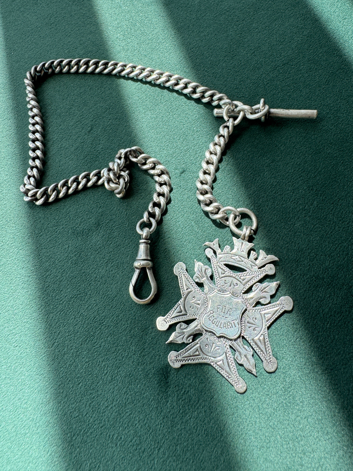 Antique Victorian Sterling Silver Albert Watch Chain Fob Medal 1900 Engraved M Garland St Peters Woolwich Birmingham Hallmarked