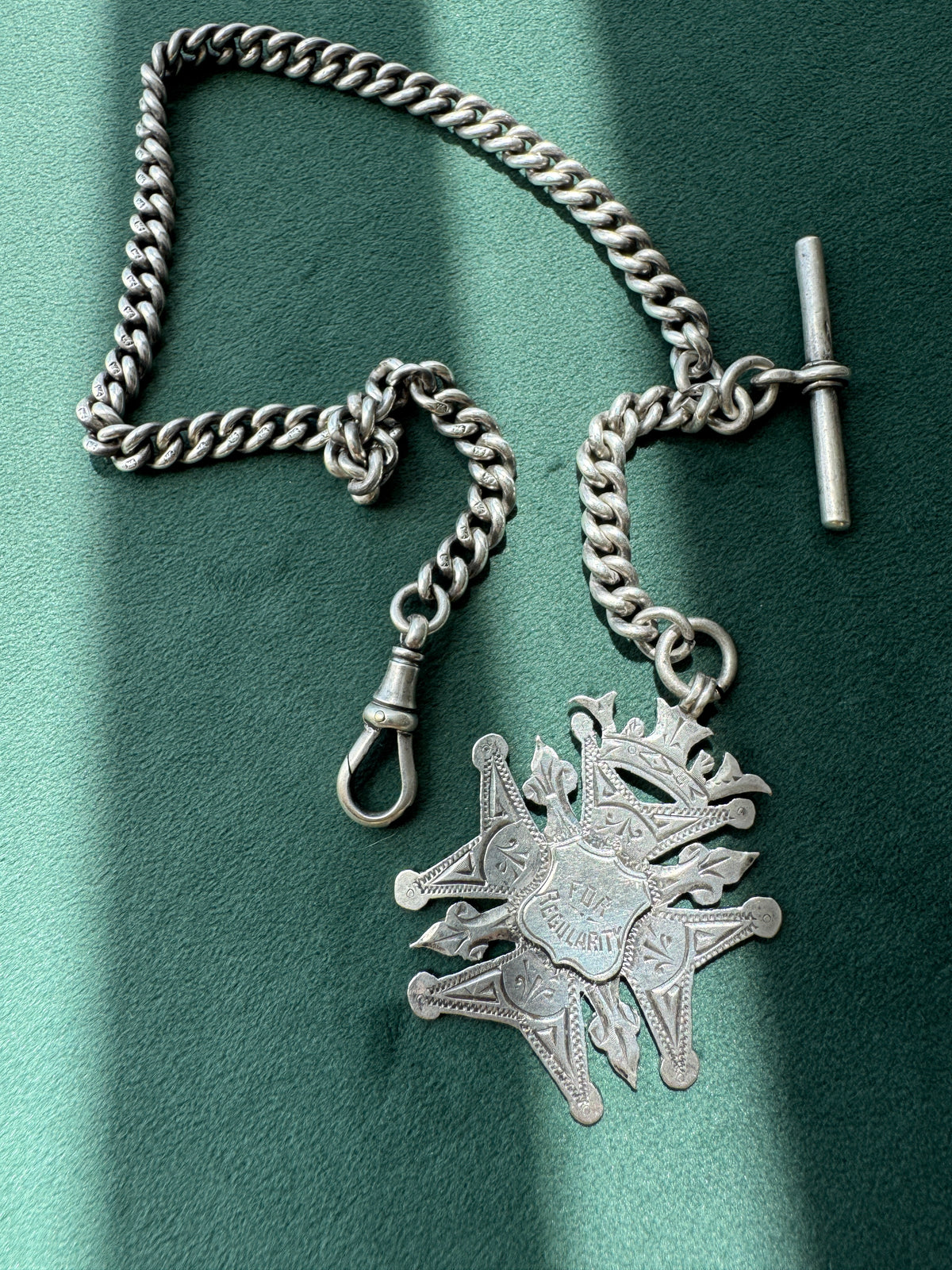 Antique Victorian Sterling Silver Albert Watch Chain Fob Medal 1900 Engraved M Garland St Peters Woolwich Birmingham Hallmarked