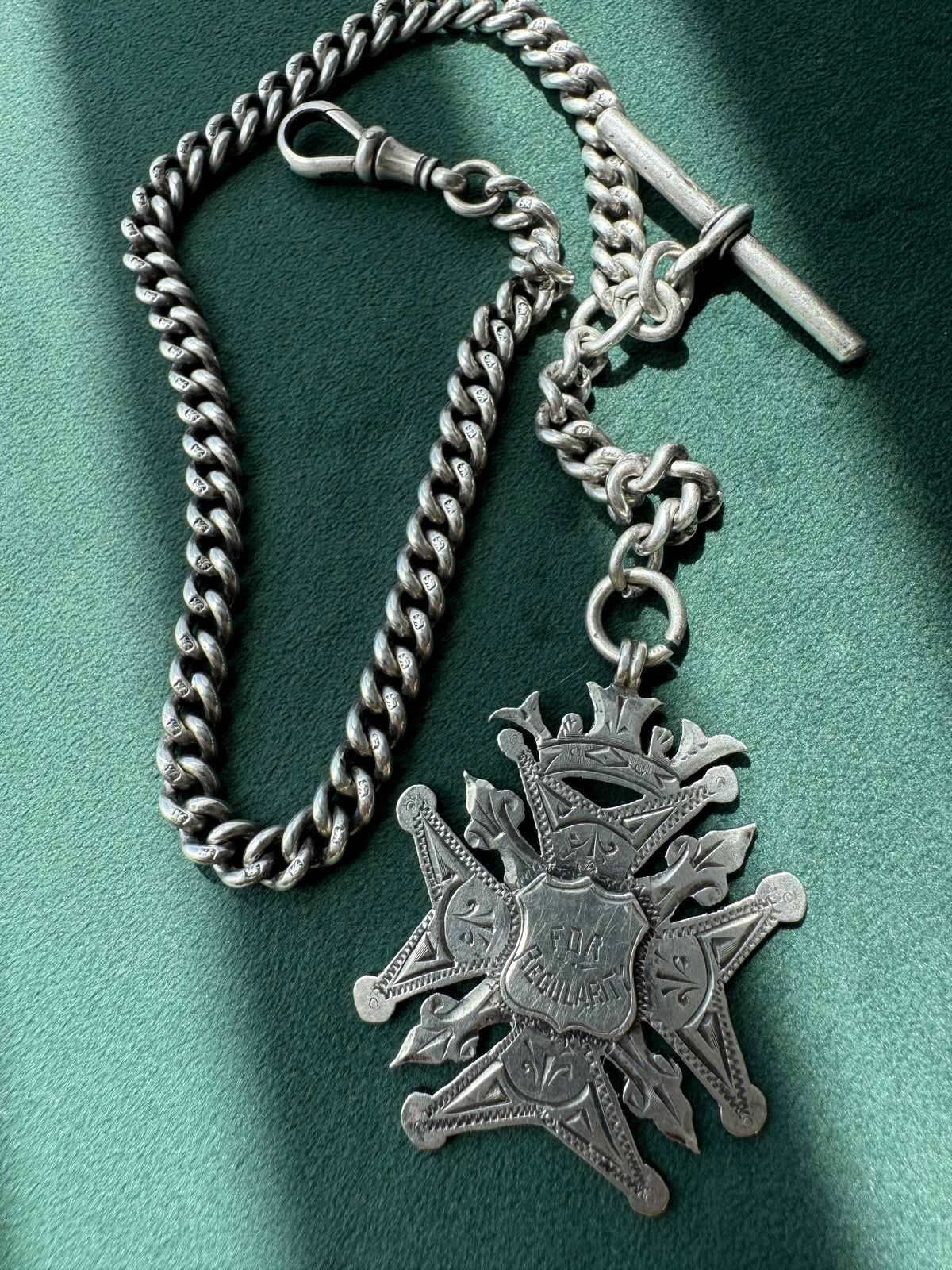 Antique Victorian Sterling Silver Albert Watch Chain Fob Medal 1900 Engraved M Garland St Peters Woolwich Birmingham Hallmarked