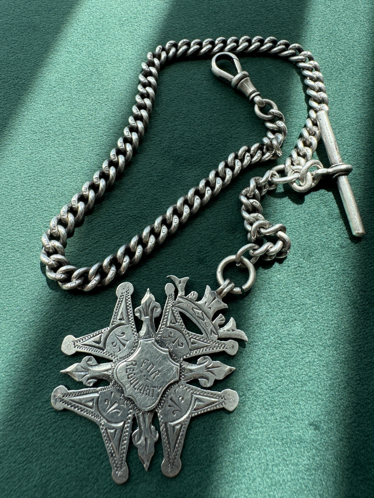 Antique Victorian Sterling Silver Albert Watch Chain Fob Medal 1900 Engraved M Garland St Peters Woolwich Birmingham Hallmarked