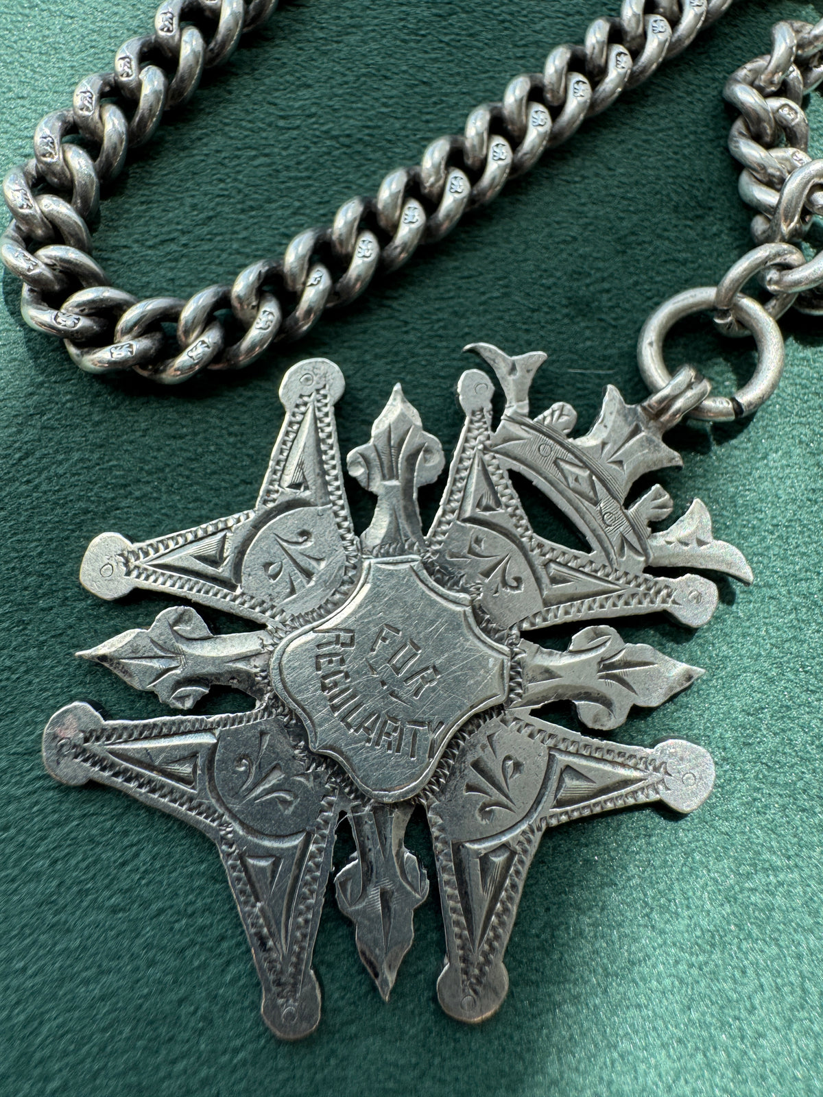 Antique Victorian Sterling Silver Albert Watch Chain Fob Medal 1900 Engraved M Garland St Peters Woolwich Birmingham Hallmarked