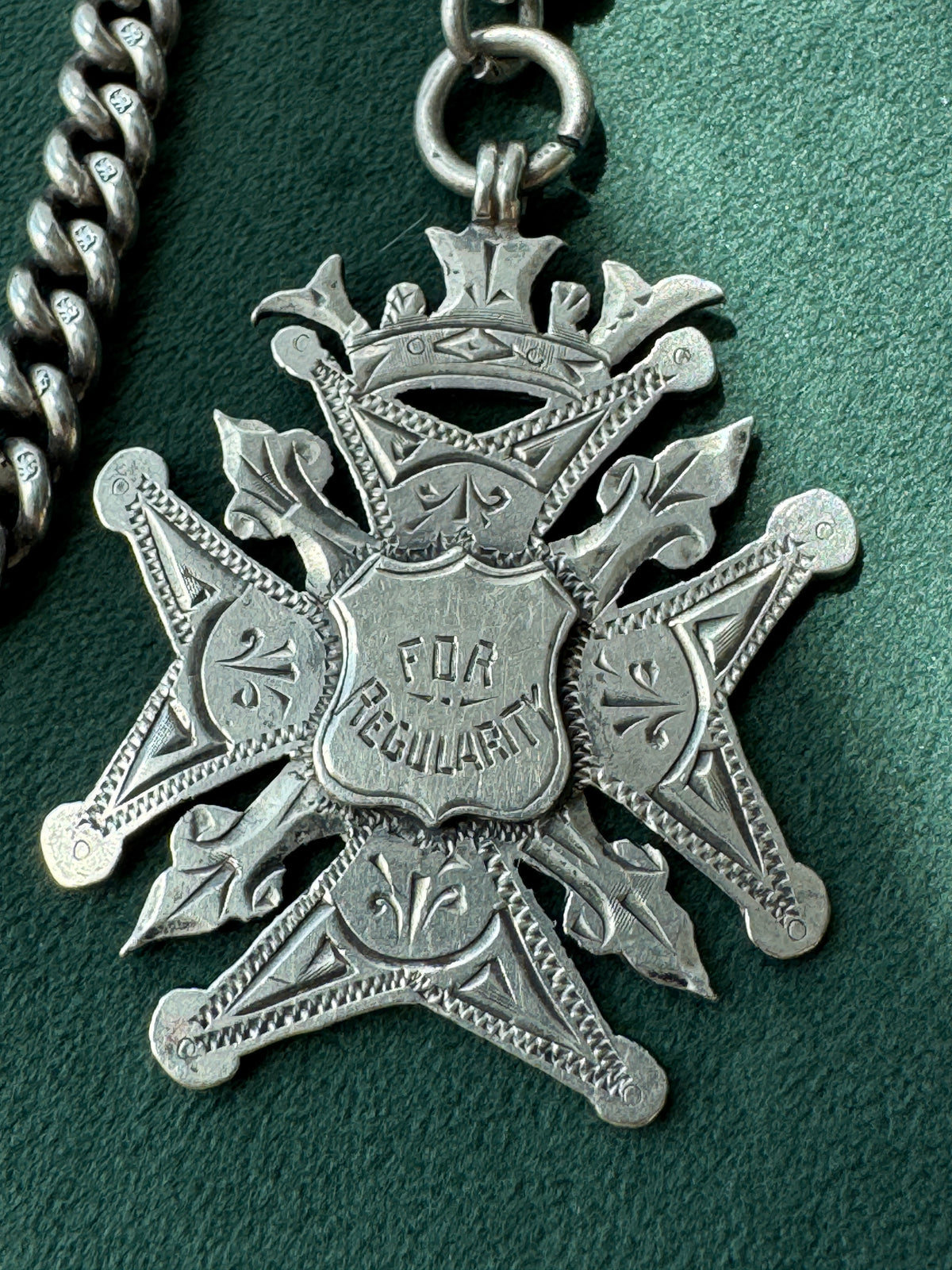 Antique Victorian Sterling Silver Albert Watch Chain Fob Medal 1900 Engraved M Garland St Peters Woolwich Birmingham Hallmarked