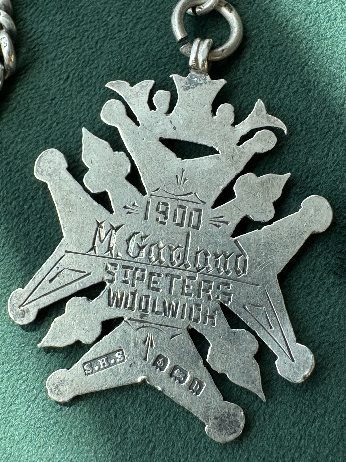 Antique Victorian Sterling Silver Albert Watch Chain Fob Medal 1900 Engraved M Garland St Peters Woolwich Birmingham Hallmarked