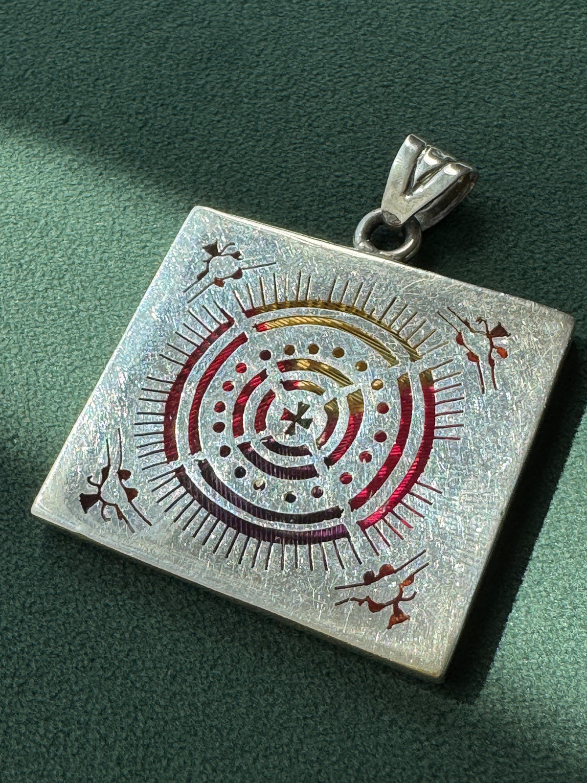Vintage Mexican Sterling Silver Plique a Jour Enamel Square Pendant Sun Medallion Stained Glass You Can Wear