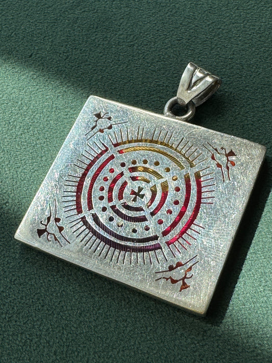 Vintage Mexican Sterling Silver Plique a Jour Enamel Square Pendant Sun Medallion Stained Glass You Can Wear
