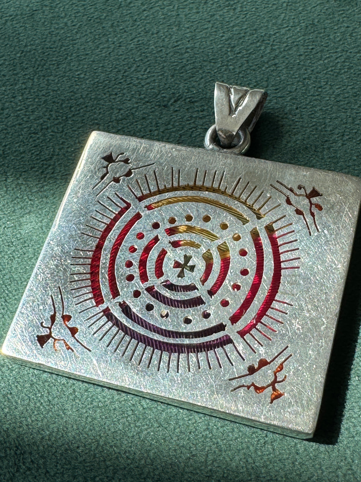 Vintage Mexican Sterling Silver Plique a Jour Enamel Square Pendant Sun Medallion Stained Glass You Can Wear