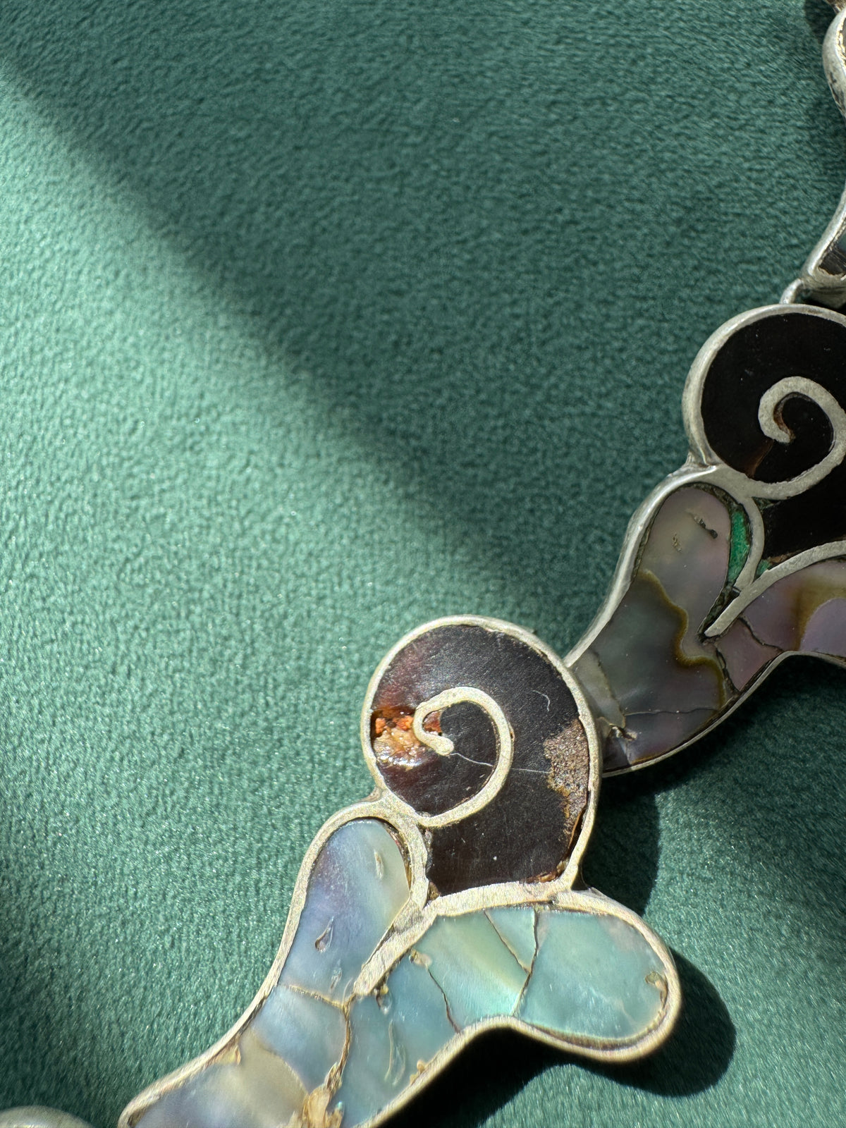 Vintage Mexican Sterling Silver Abalone Inlay Collar Necklace Spiral Wave Panels Bold Mermaid Life Statement