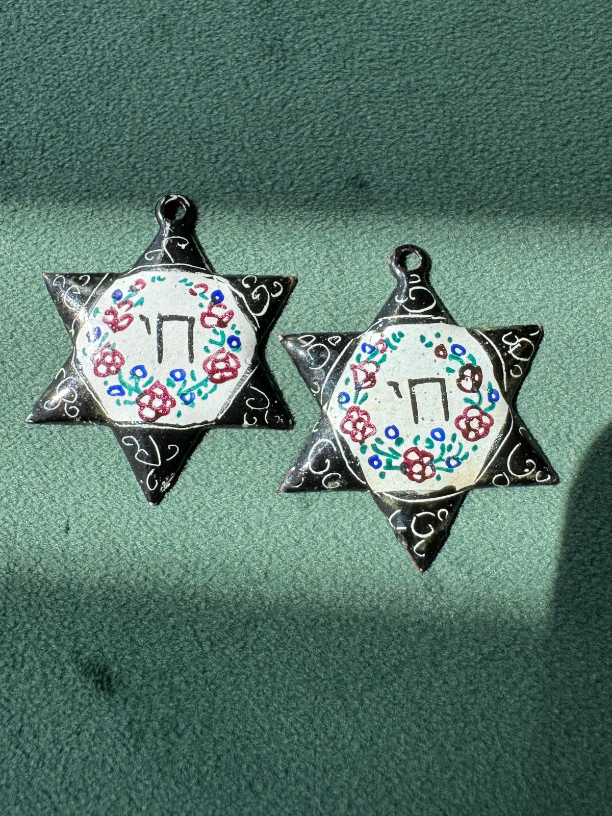 Vintage Persian Style Hand Painted Enamel Star of David Chai Pendant Floral Minakari Judaica