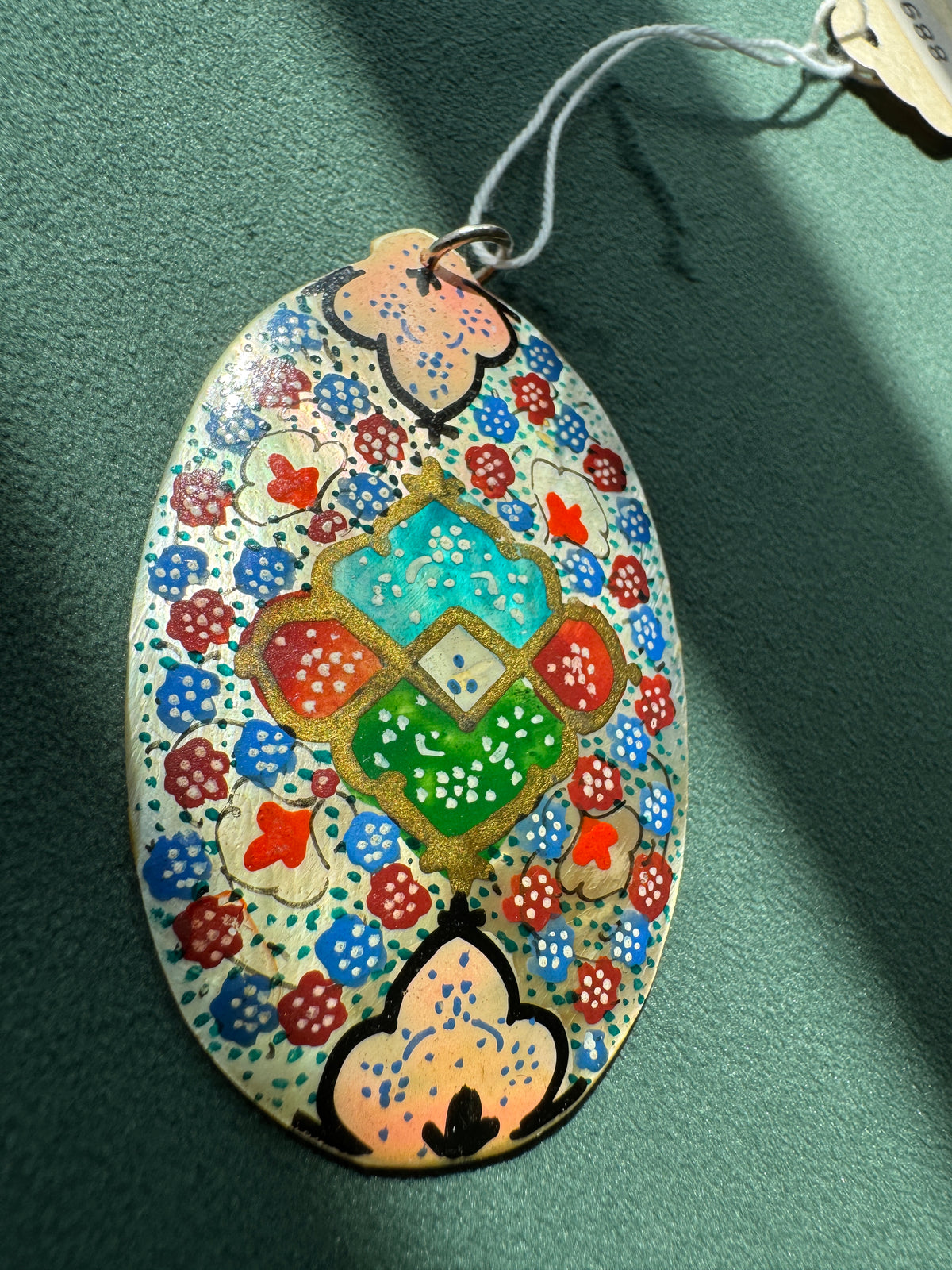 Vintage Persian Style Hand Painted Mother of Pearl Medallion Pendant New Old Stock With Tag Carpet Garden in Miniature