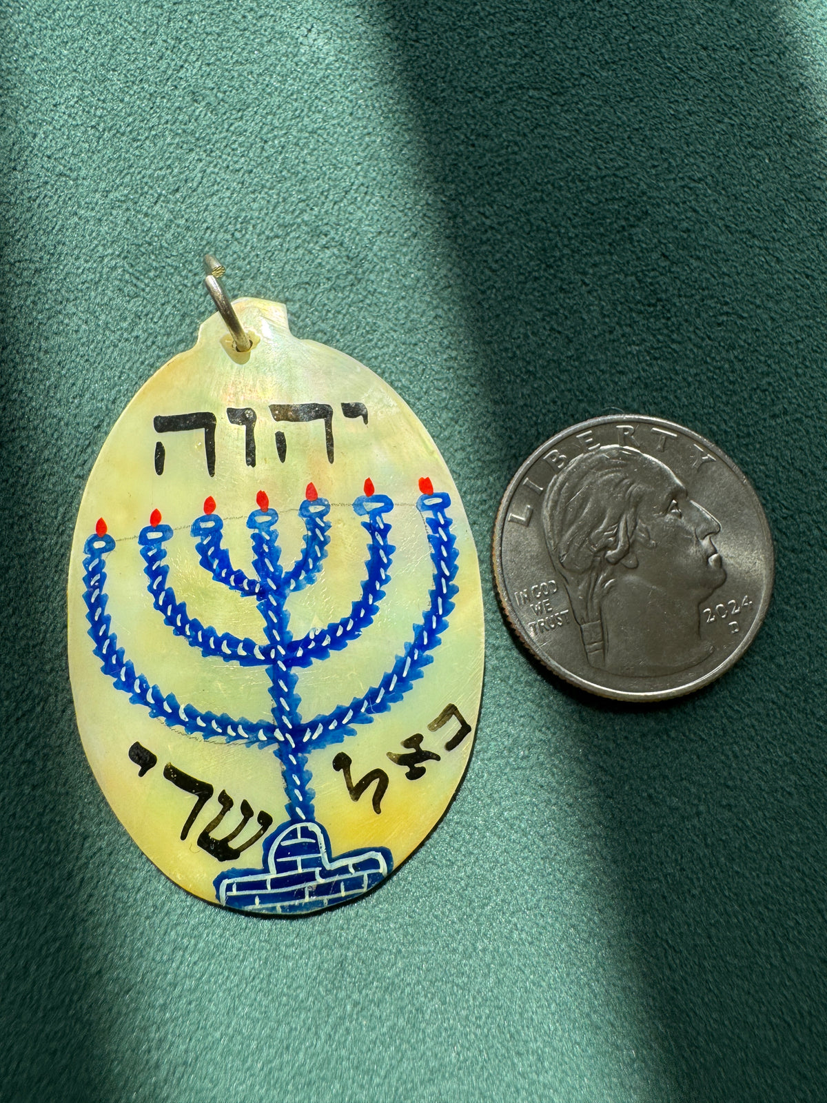 Vintage Hand Painted Mother of Pearl Menorah Amulet Pendant Hebrew Psalm 91 Persian Style Judaica