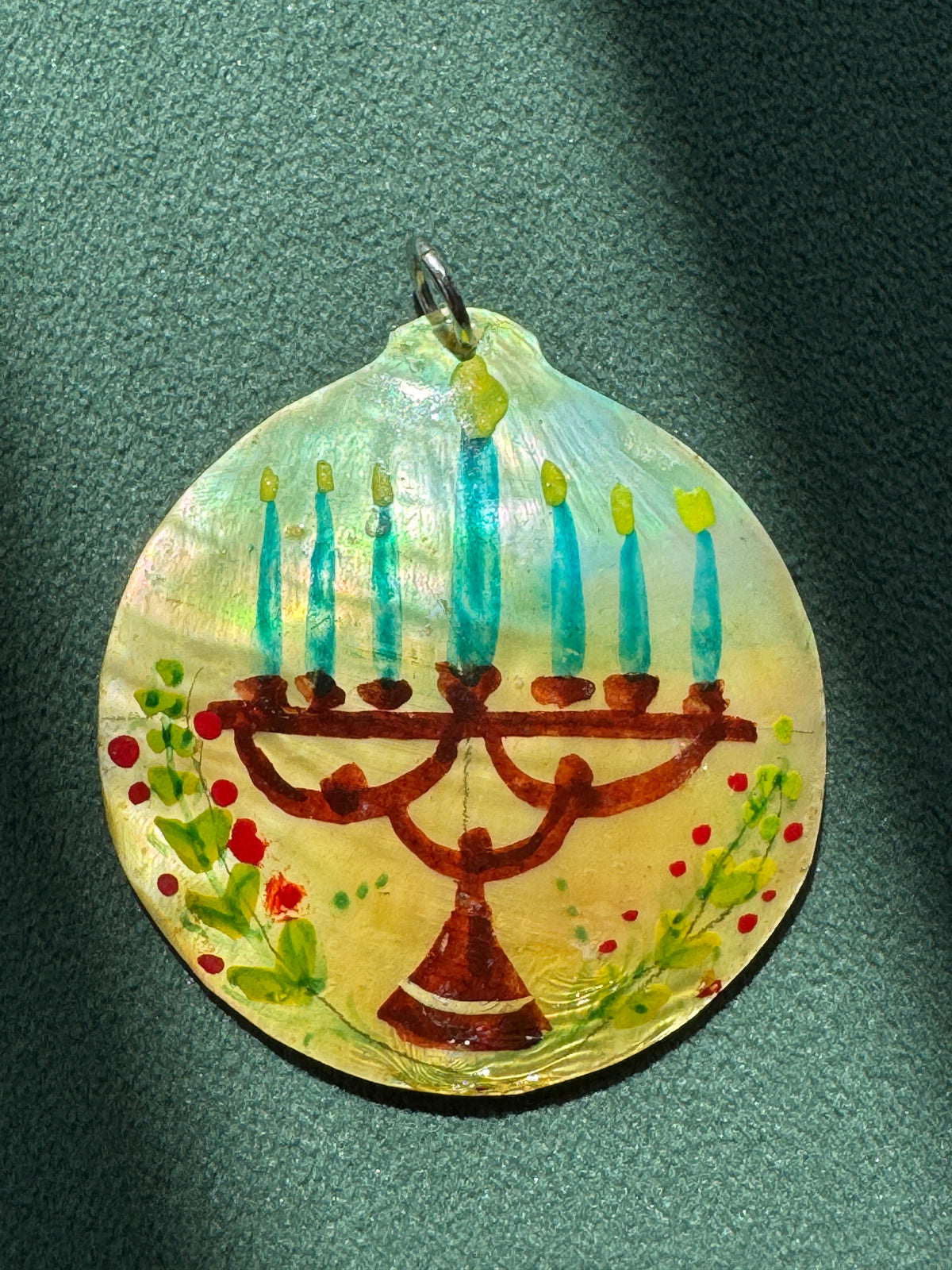Vintage Hand Painted Mother of Pearl Menorah Pendant Seven Candles Folk Art Judaica