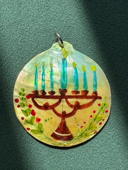 Vintage Hand Painted Mother of Pearl Menorah Pendant Seven Candles Folk Art Judaica