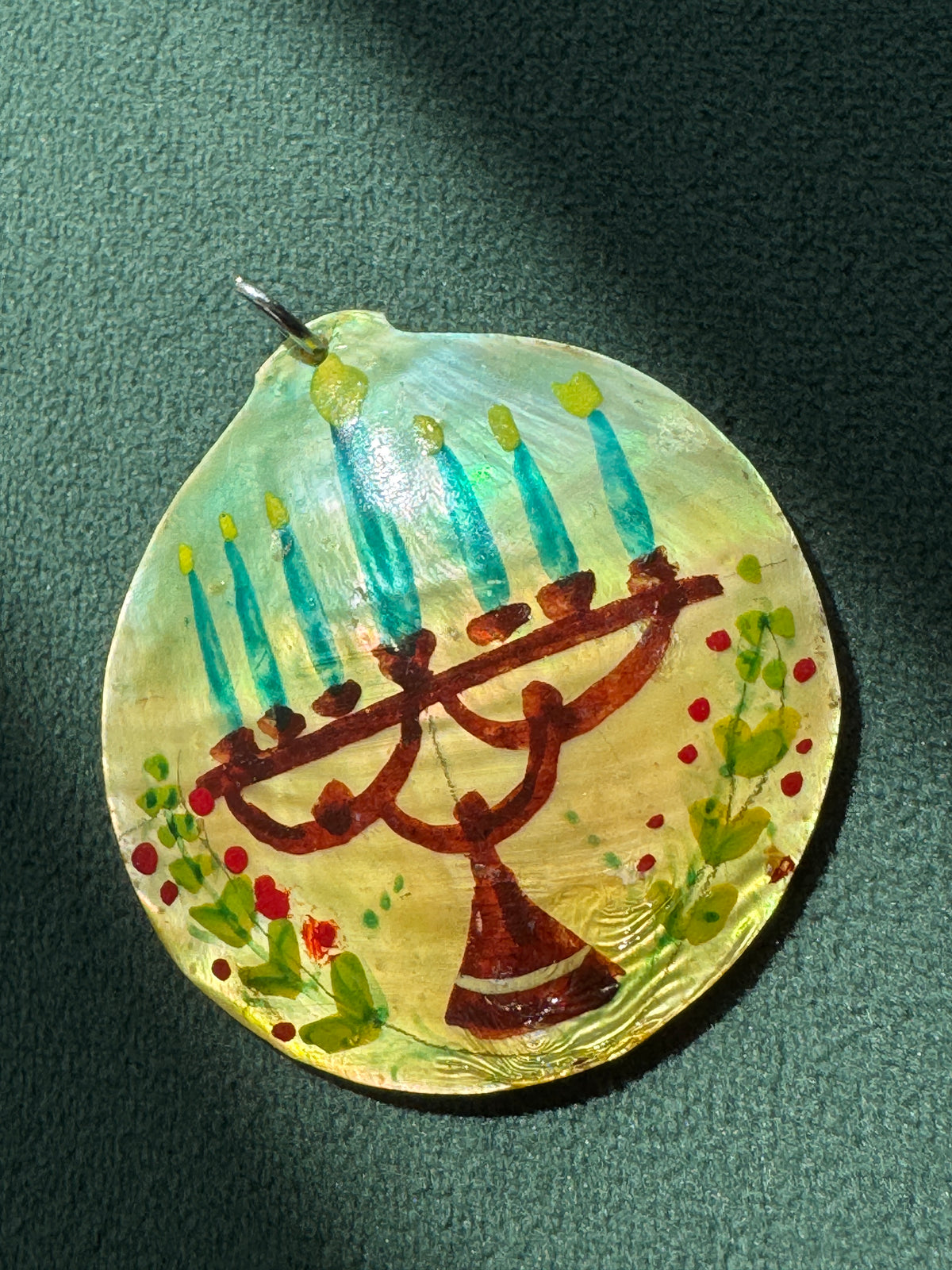 Vintage Hand Painted Mother of Pearl Menorah Pendant Seven Candles Folk Art Judaica