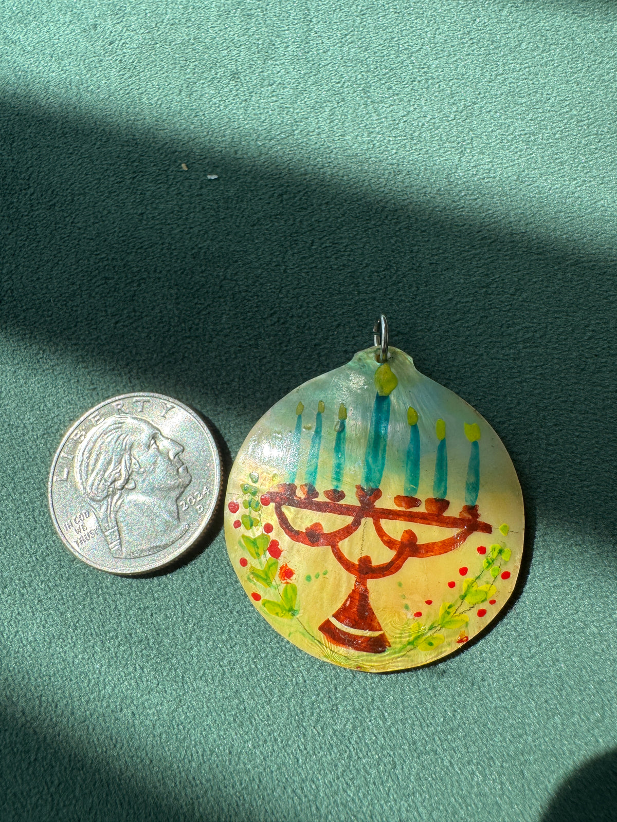 Vintage Hand Painted Mother of Pearl Menorah Pendant Seven Candles Folk Art Judaica