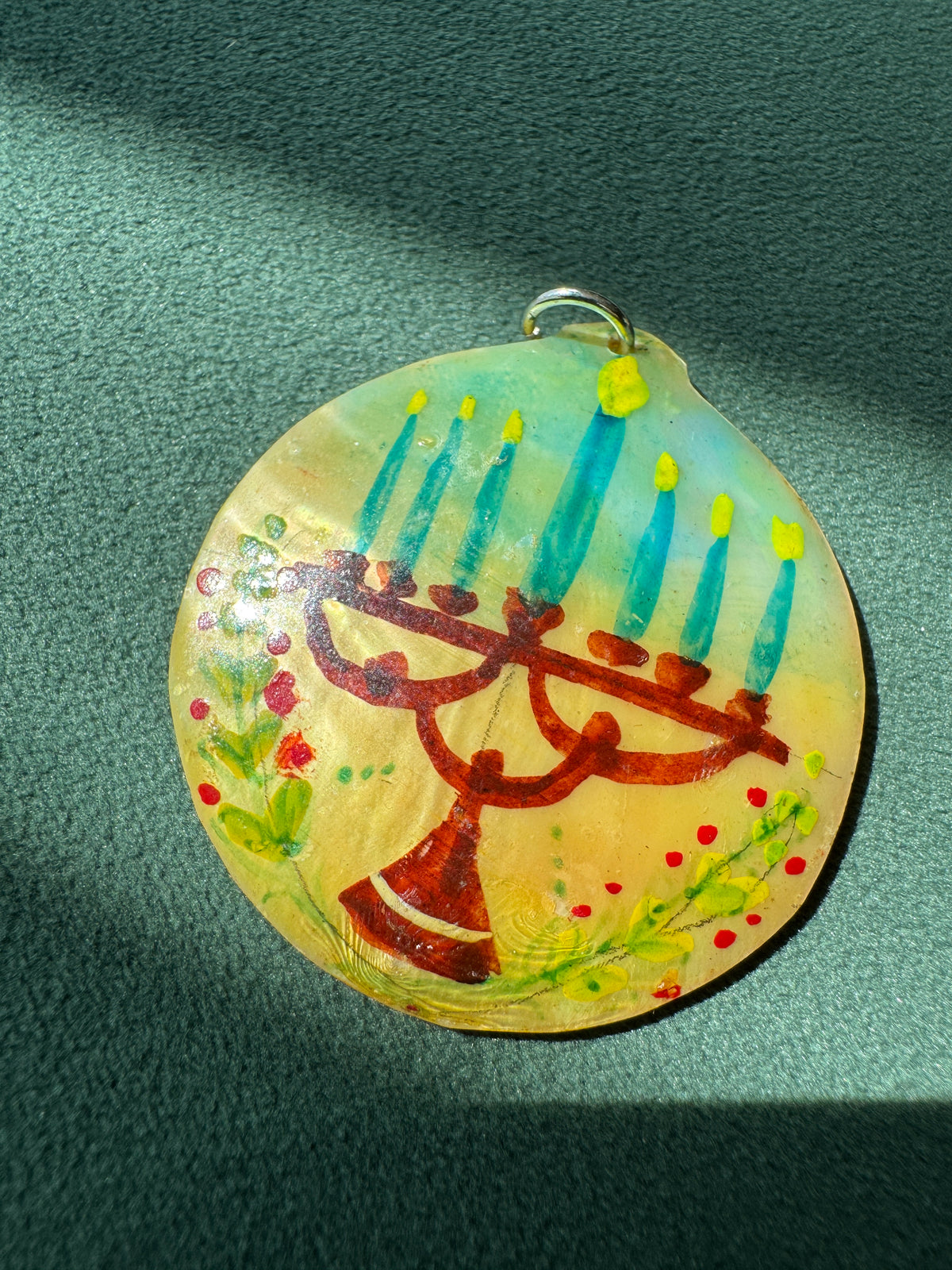 Vintage Hand Painted Mother of Pearl Menorah Pendant Seven Candles Folk Art Judaica