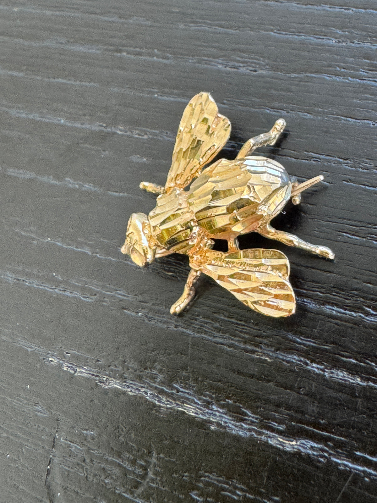 Vintage 14K Yellow Gold Diamond Cut Bumble Bee Pin Signed HANA Tiny Sparkling Lapel Bee