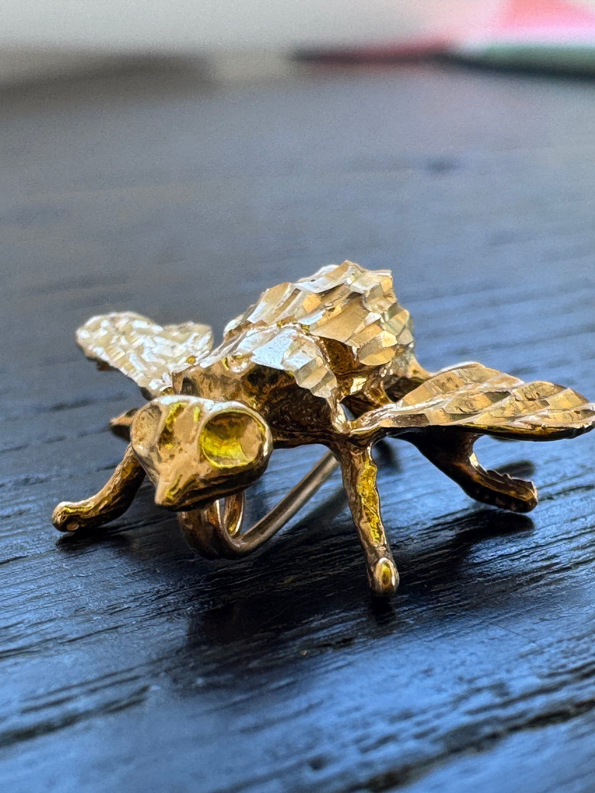 Vintage 14K Yellow Gold Diamond Cut Bumble Bee Pin Signed HANA Tiny Sparkling Lapel Bee