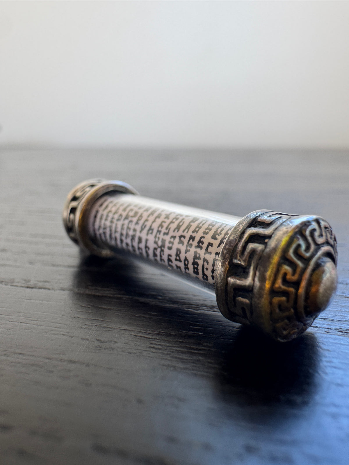 Vintage Israeli Sterling Silver Mezuzah Pendant Glass Scroll Case Greek Key Shema Yisrael Judaica