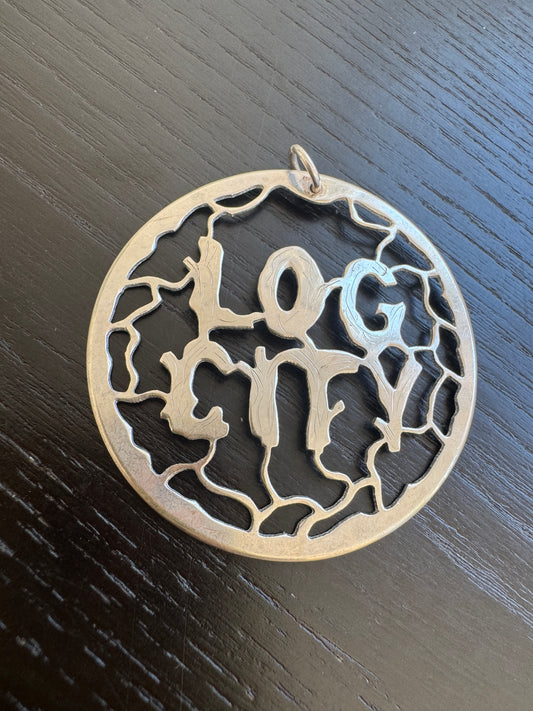 Vintage Sterling Silver Log City Pierced Medallion Pendant Large 2 Inch Artist Signed Rustic Branch Lettering