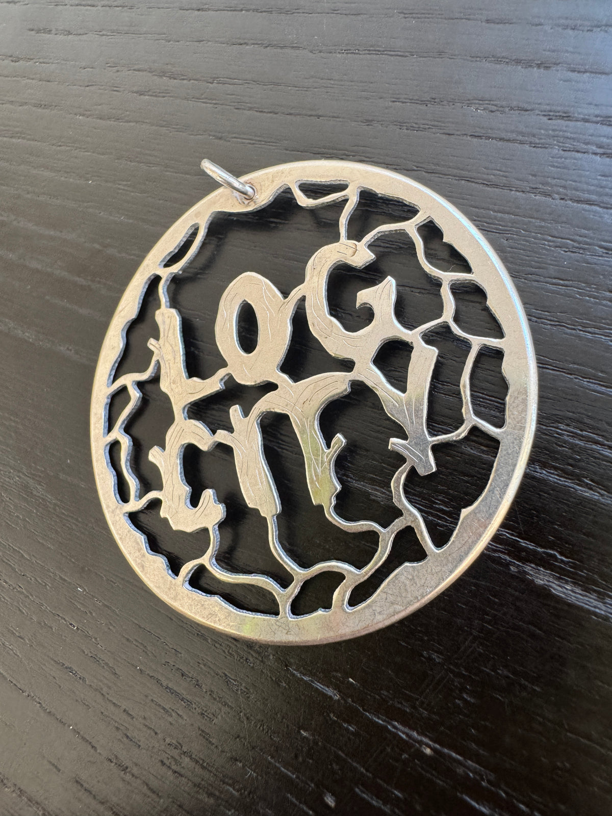 Vintage Sterling Silver Log City Pierced Medallion Pendant Large 2 Inch Artist Signed Rustic Branch Lettering