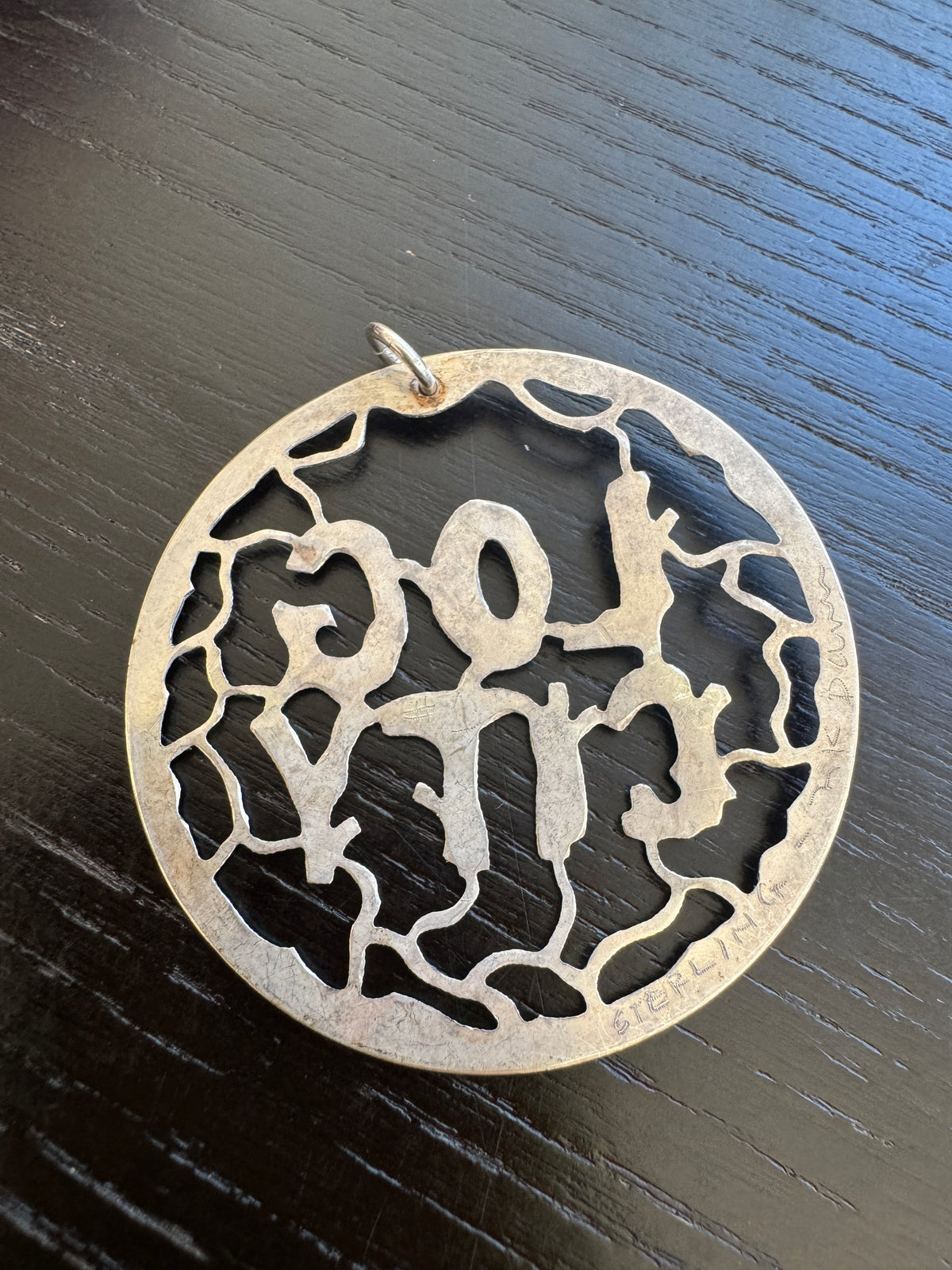 Vintage Sterling Silver Log City Pierced Medallion Pendant Large 2 Inch Artist Signed Rustic Branch Lettering