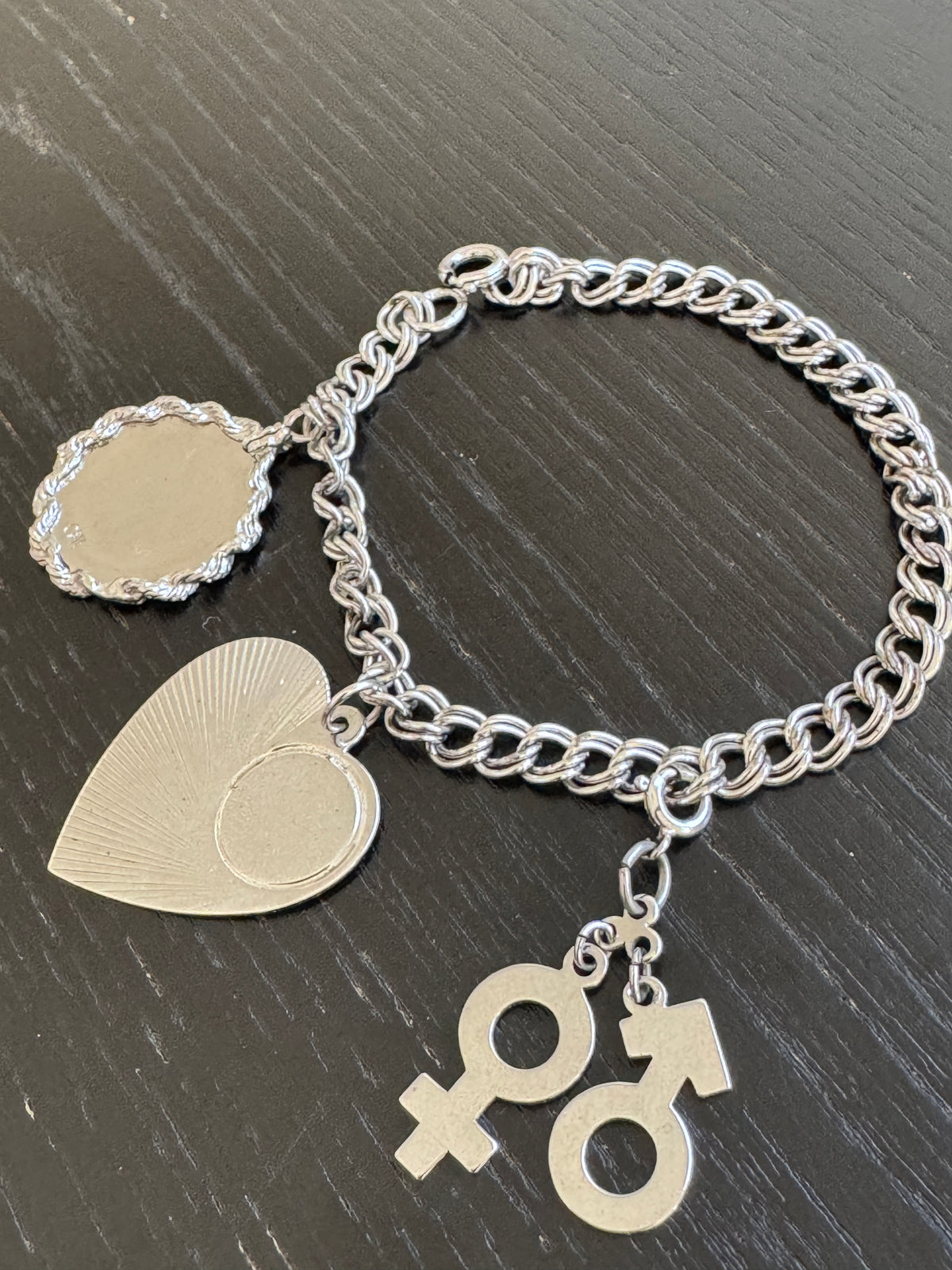 Vintage 1960s Sterling Silver Charm Bracelet Heart Gender Symbol Charms New Old Stock