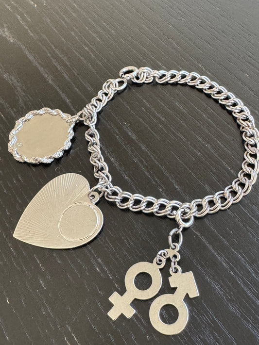 Vintage 1960s Sterling Silver Charm Bracelet Heart Gender Symbol Charms New Old Stock
