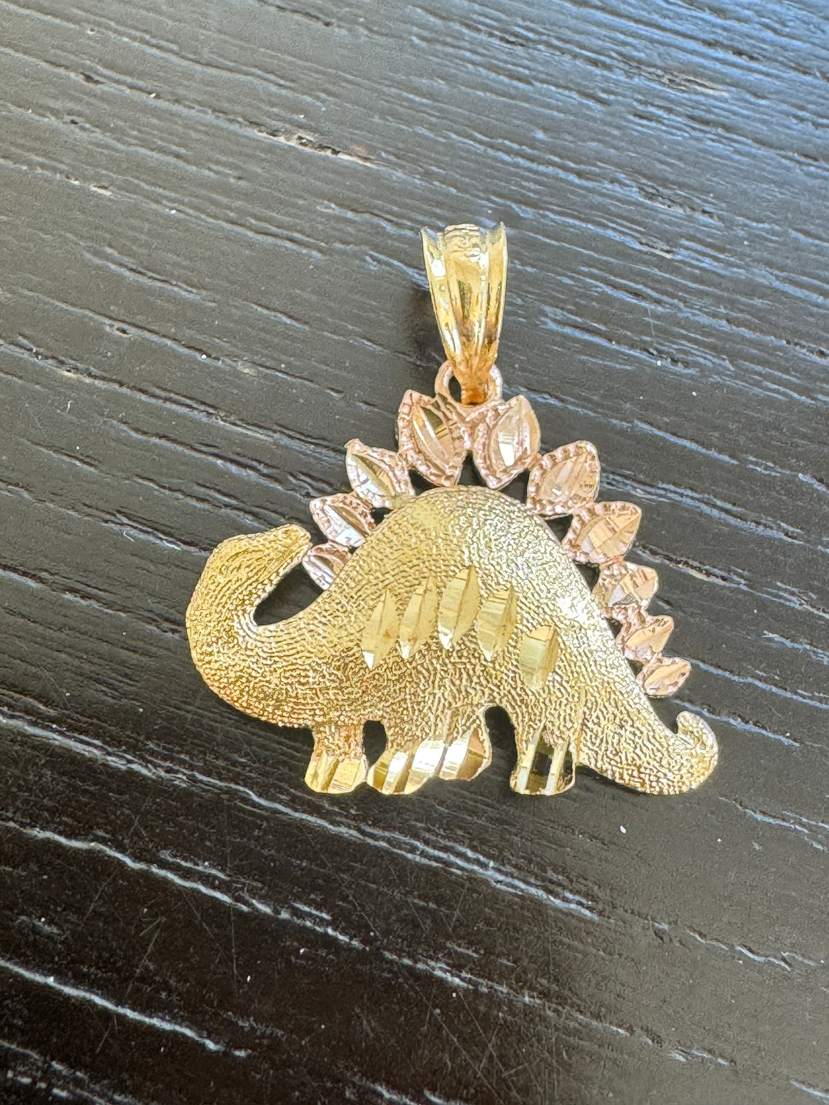 Vintage 14K Two Tone Gold Stegosaurus Pendant Rose and Yellow Gold Diamond Cut Dinosaur Charm With Jurassic Shine