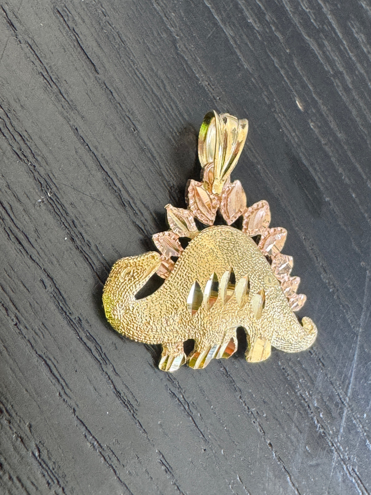 Vintage 14K Two Tone Gold Stegosaurus Pendant Rose and Yellow Gold Diamond Cut Dinosaur Charm With Jurassic Shine