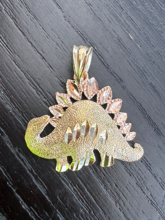 Vintage 14K Two Tone Gold Stegosaurus Pendant Rose and Yellow Gold Diamond Cut Dinosaur Charm With Jurassic Shine