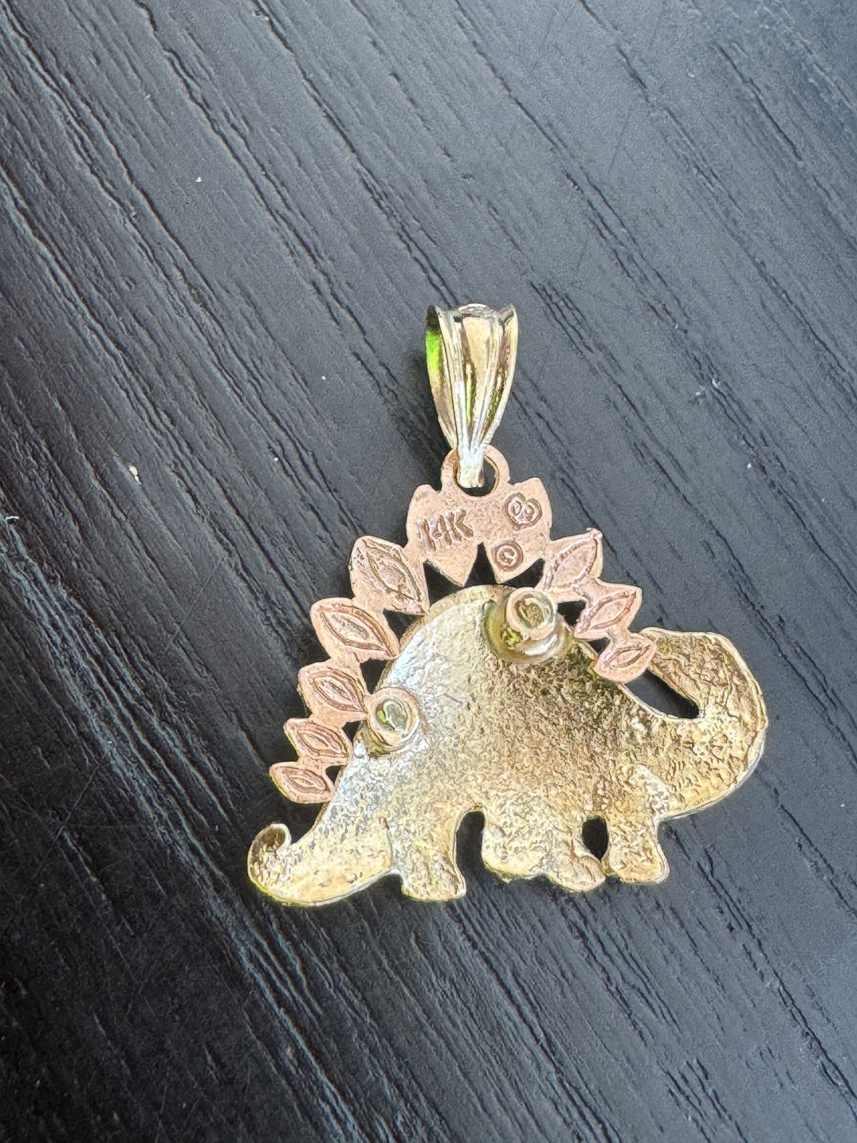 Vintage 14K Two Tone Gold Stegosaurus Pendant Rose and Yellow Gold Diamond Cut Dinosaur Charm With Jurassic Shine